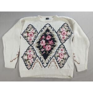 Vintage Beldoch Popper Sweater S Floral Knit Ramie Cotton Cottagecore 80s